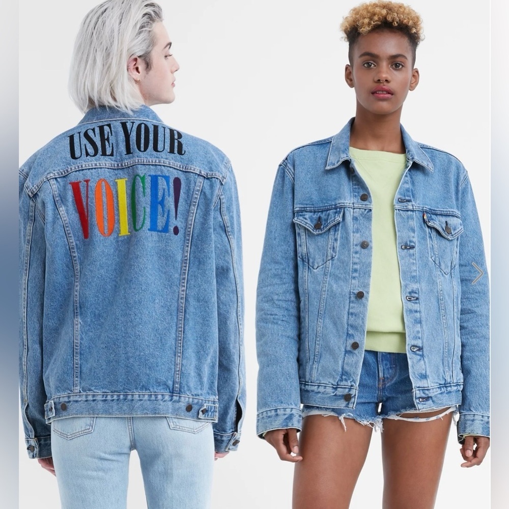 Levi’s|Gender Neutral trucker jacket with colorful design on back,USE YOUR VOICE